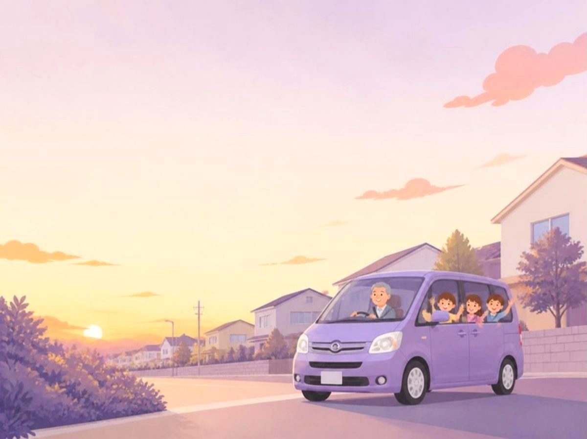 夕方の住宅街を走る送迎車のイラスト