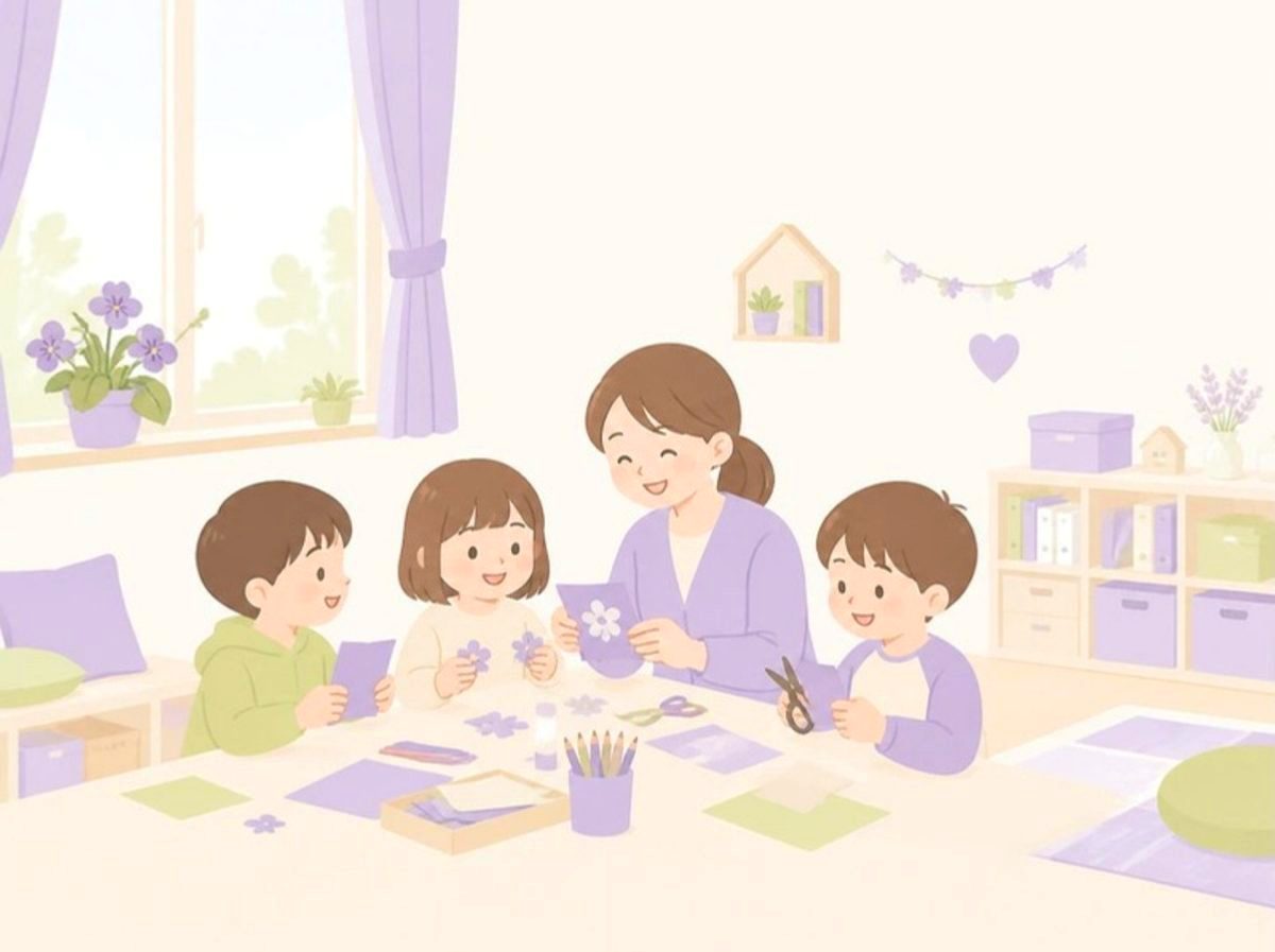教室で子どもたちと工作をするスタッフのイラスト