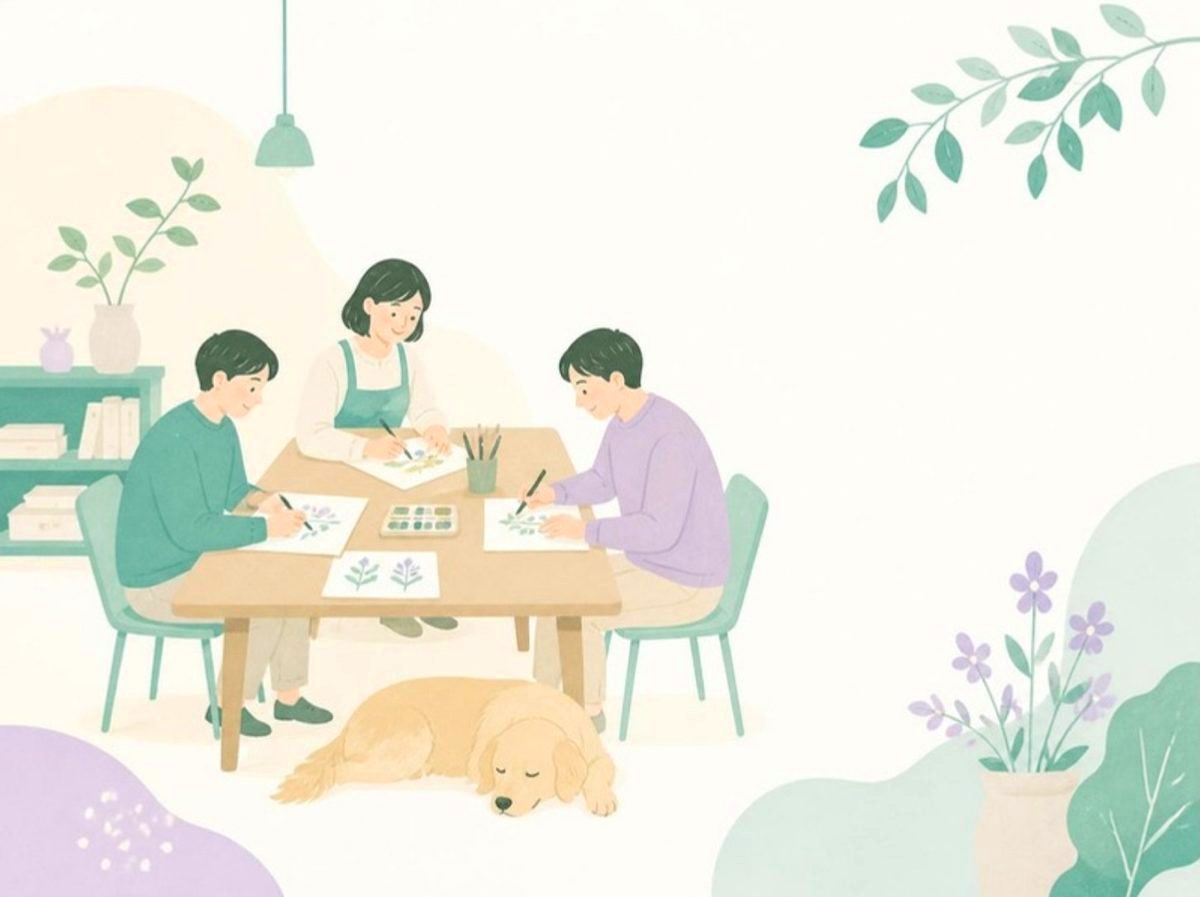 作業所で作品づくりをする利用者とスタッフ、足元に大型犬のイラスト
